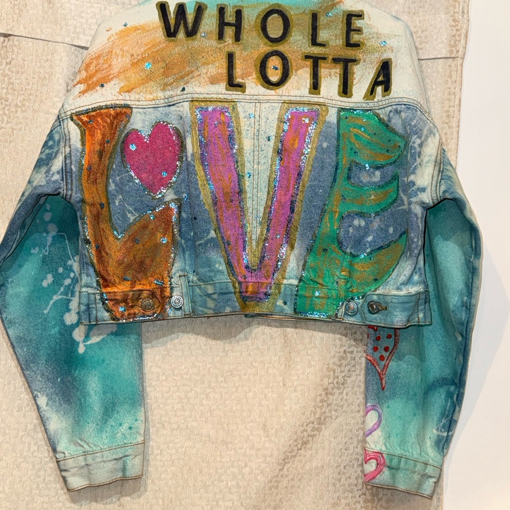 Forever 21 Jean Jacket hand painted, bleach "WholeLotta Love" Led Zeppelin song